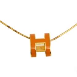 Pre Owned Hermes Pop H Orange Enamel Pendant Gold Plated Boxy Chain Necklace