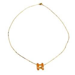 Pre Owned Hermes Pop H Orange Enamel Pendant Gold Plated Boxy Chain Necklace