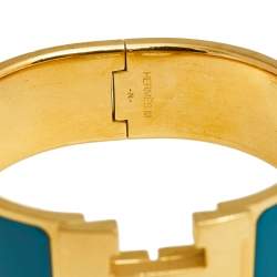 Pre Owned Hermès Clic Clac H Teal Enamel Gold Plated Wide Bracelet