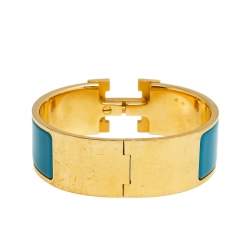 Pre Owned Hermès Clic Clac H Teal Enamel Gold Plated Wide Bracelet
