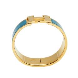 Pre Owned Hermès Clic Clac H Teal Enamel Gold Plated Wide Bracelet