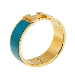 Pre Owned Hermès Clic Clac H Teal Enamel Gold Plated Wide Bracelet
