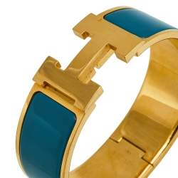 Pre Owned Hermès Clic Clac H Teal Enamel Gold Plated Wide Bracelet