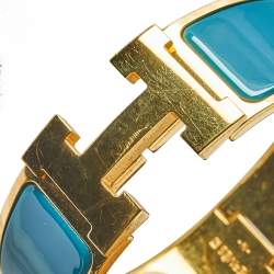 Pre Owned Hermès Clic Clac H Teal Enamel Gold Plated Wide Bracelet