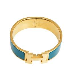 Pre Owned Hermès Clic Clac H Teal Enamel Gold Plated Wide Bracelet
