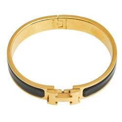 Pre Owned Hermès Clic H Black Enamel Gold Plated Narrow Bracelet PM