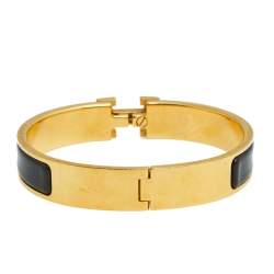 Pre Owned Hermès Clic H Black Enamel Gold Plated Narrow Bracelet PM