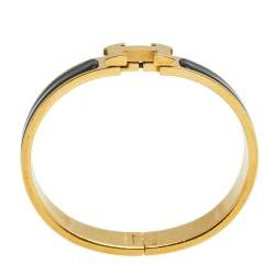 Pre Owned Hermès Clic H Black Enamel Gold Plated Narrow Bracelet PM