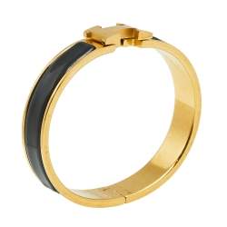 Pre Owned Hermès Clic H Black Enamel Gold Plated Narrow Bracelet PM