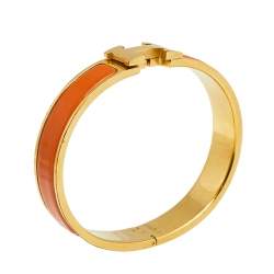Pre Owned Hermès Clic H Orange Enamel Gold Plated Narrow Bracelet PM