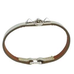 Pre Owned Hermès Grey Leather Palladium Plated Micro Rivale Bracelet M