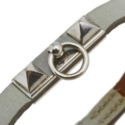 Pre Owned Hermès Grey Leather Palladium Plated Micro Rivale Bracelet M