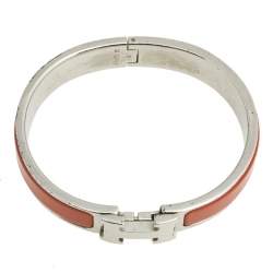 Pre Owned Hermès Clic H Palladium Plated Orange Enamel Narrow Bracelet