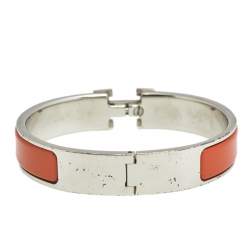 Pre Owned Hermès Clic H Palladium Plated Orange Enamel Narrow Bracelet
