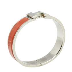Pre Owned Hermès Clic H Palladium Plated Orange Enamel Narrow Bracelet
