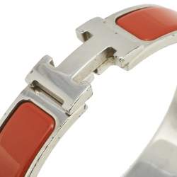 Pre Owned Hermès Clic H Palladium Plated Orange Enamel Narrow Bracelet