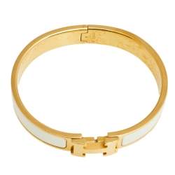 Pre Owned Hermès Clic H White Enamel Gold Plated Narrow Bracelet