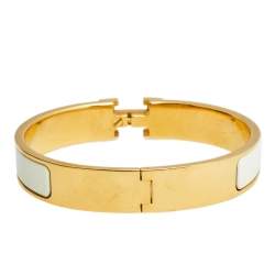 Pre Owned Hermès Clic H White Enamel Gold Plated Narrow Bracelet
