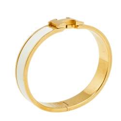 Pre Owned Hermès Clic H White Enamel Gold Plated Narrow Bracelet