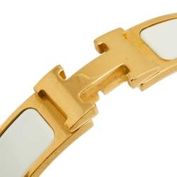 Pre Owned Hermès Clic H White Enamel Gold Plated Narrow Bracelet