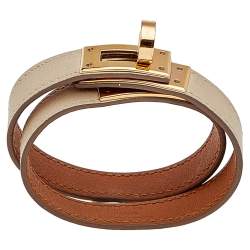 Pre Owned Hermes Beige Leather Gold Plated Kelly Double Tour Bracelet