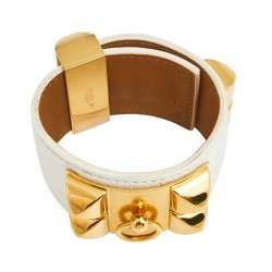 Pre Owned Hermès White Leather Gold Plated Collier de Chien Cuff Bracelet S
