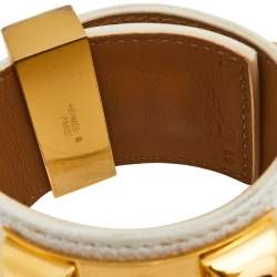 Pre Owned Hermès White Leather Gold Plated Collier de Chien Cuff Bracelet S