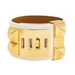 Pre Owned Hermès White Leather Gold Plated Collier de Chien Cuff Bracelet S