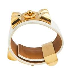 Pre Owned Hermès White Leather Gold Plated Collier de Chien Cuff Bracelet S