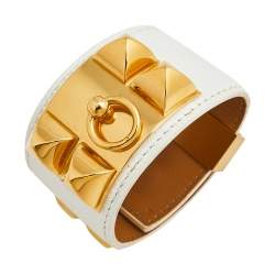 Pre Owned Hermès White Leather Gold Plated Collier de Chien Cuff Bracelet S