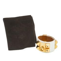 Pre Owned Hermès White Leather Gold Plated Collier de Chien Cuff Bracelet S