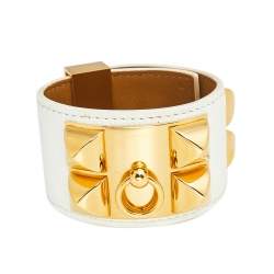 Pre Owned Hermès White Leather Gold Plated Collier de Chien Cuff Bracelet S