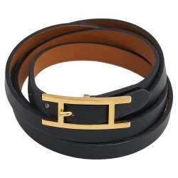 Pre Owned Hermès Black Leather Gold Plated Hapi 4 Quad Tour Bracelet M
