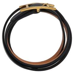 Pre Owned Hermès Black Leather Gold Plated Hapi 4 Quad Tour Bracelet M