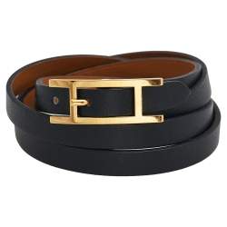Pre Owned Hermès Black Leather Gold Plated Hapi 4 Quad Tour Bracelet M