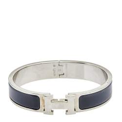 Pre Owned  Hermes Clic H Narrow Grey Enamel Palladium Plated Bracelet PM