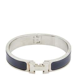 Pre Owned  Hermes Clic H Narrow Grey Enamel Palladium Plated Bracelet PM