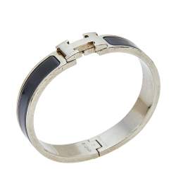 Pre Owned  Hermes Clic H Narrow Grey Enamel Palladium Plated Bracelet PM