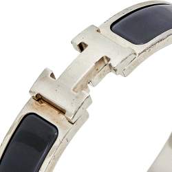 Pre Owned  Hermes Clic H Narrow Grey Enamel Palladium Plated Bracelet PM