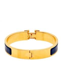 Pre Owned Hermes Clic H Gold Plated Blue Enamel Cuff Bracelet PM