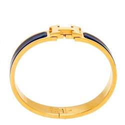 Pre Owned Hermes Clic H Gold Plated Blue Enamel Cuff Bracelet PM