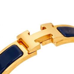 Pre Owned Hermes Clic H Gold Plated Blue Enamel Cuff Bracelet PM