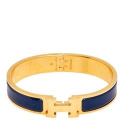 Pre Owned Hermes Clic H Gold Plated Blue Enamel Cuff Bracelet PM
