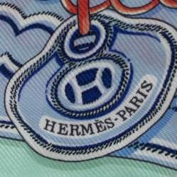 Pre Owned Hermes Green & Blue Chain Print Silk Twilly 