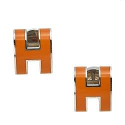 Pre Owned Hermès Pop H Orange Lacquered Palladium Plated Stud Earrings