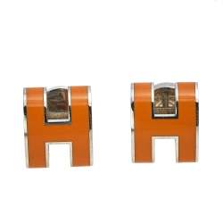 Pre Owned Hermès Pop H Orange Lacquered Palladium Plated Stud Earrings