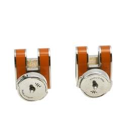 Pre Owned Hermès Pop H Orange Lacquered Palladium Plated Stud Earrings