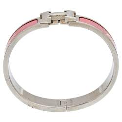 Pre Owned Hermès Clic H Palladium Plated Pink Enamel Narrow Bracelet