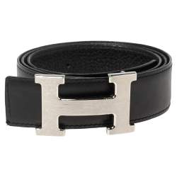 Pre Owned Hermes Black Togo and Box Leather H Buckle Reversible Belt 95CM