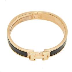Pre Owned Hermes Clic H Gold Plate Black Enamel Cuff Bracelet PM